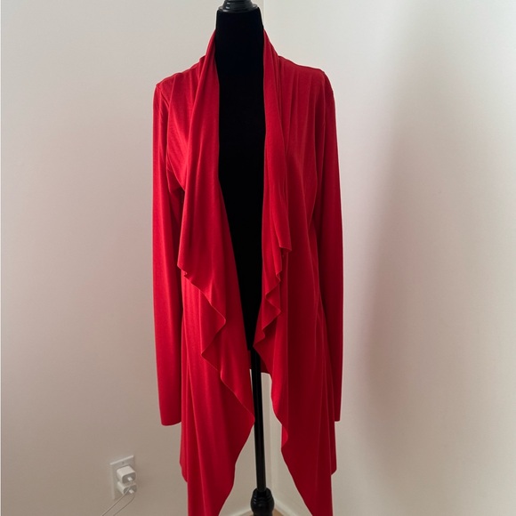 Alembika Tops - Women's Red Draped Open-Front Tunic Cardigan